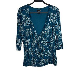 Vintage East 5th Women's 1X Floral Green Blue Draped V‎ Neck Blouse Workwear